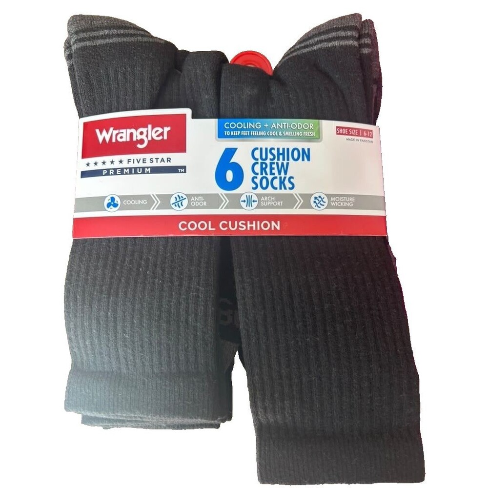 Wrangler Five Star Essential Cool Comfort Sock for Men 6-12, Black  6-Pack New